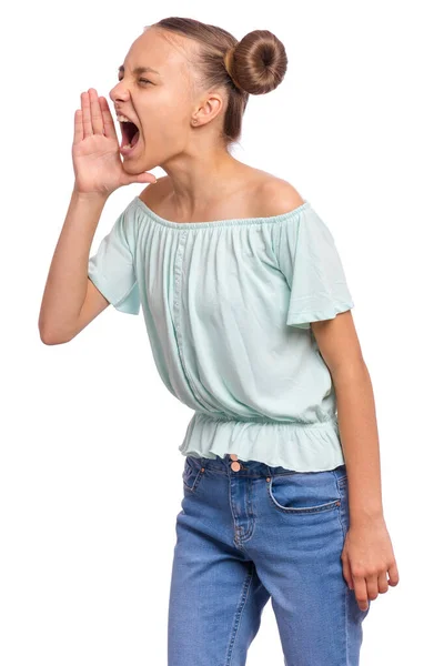 Uwaga Portret Nastolatki Trzyma Się Rękę Przy Otwartych Ustach Krzyczy — Zdjęcie stockowe
