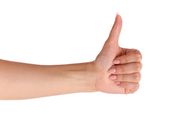 Female Hand Showing Thumb Gesture Isolated White Background Beautiful Hand — Stock Photo, Image