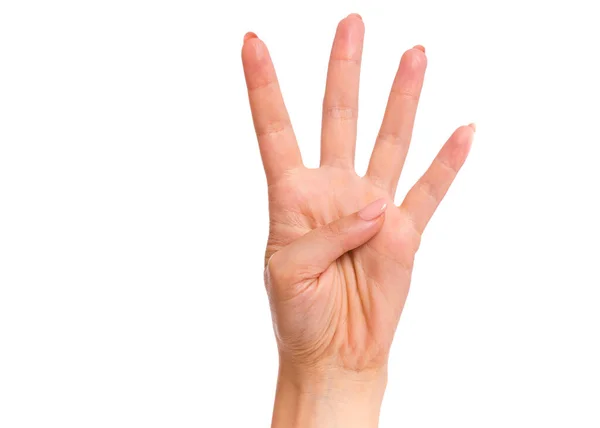 白い背景に隔離された4本の指のジェスチャーを示す女性の手 コピースペースのある女性の美しい手 4番のジェスチャーをする手 一連の写真数は1から5まで — ストック写真