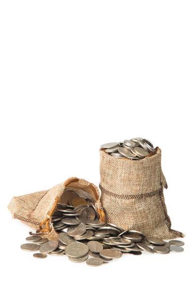 Moneda en bolso gunny — Foto de Stock