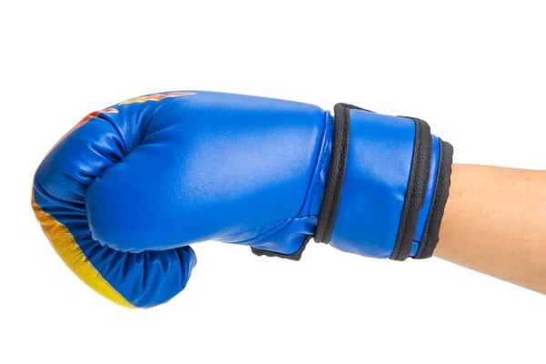 Χέρι Μπλε Γάντι Πυγμαχίας Απομονωμένο Λευκό Φόντο — Φωτογραφία Αρχείου