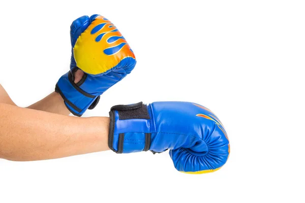 Χέρι Μπλε Γάντι Πυγμαχίας Απομονωμένο Λευκό Φόντο — Φωτογραφία Αρχείου