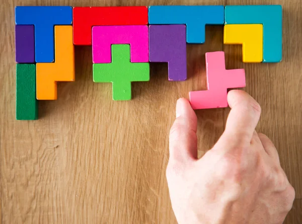 Hand Put Wooden Blocks Arranging Finishing Task — Stock Photo, Image