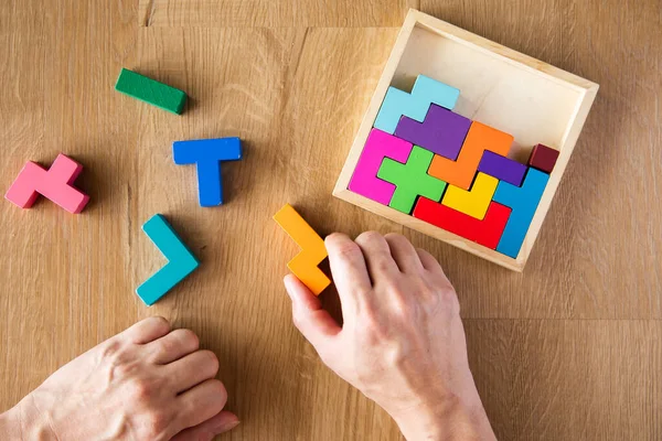 Hand Put Wooden Blocks Arranging Finishing Task — Stock Photo, Image