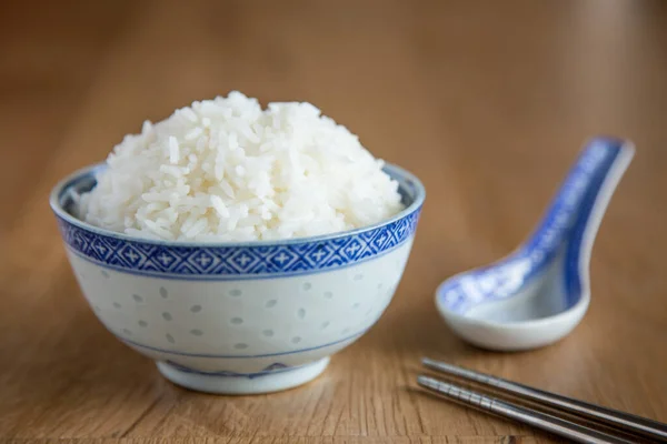 Bowl White Rice Wooden Background — Stock Photo, Image