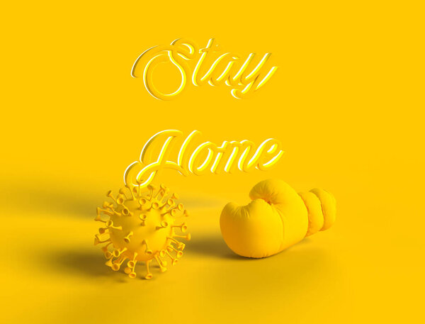 3d yellow abstract scene of boxing glove and coronavirus covid19 render with 3d stay home text