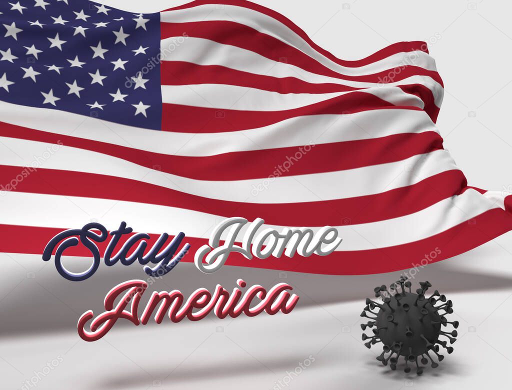 3d background design render of Stay home America text with American flag and 3d covid19 coronavirus