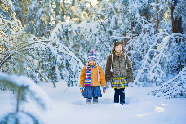Çocuklar kış ormanda. — Stok fotoğraf