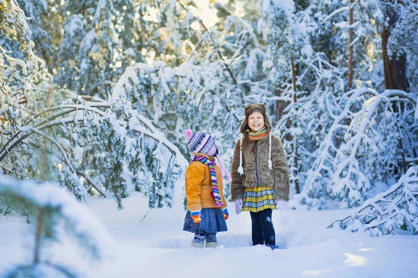 Děti v zimě lese. — Stock fotografie