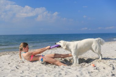 mutlu kız sahilde bir köpekle oynamayı