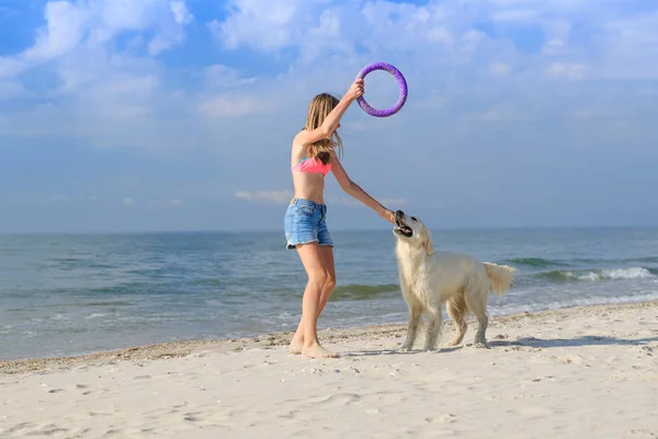 Mutlu kız sahilde bir köpekle oynamayı — Stok fotoğraf