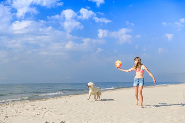 Mutlu kız sahilde bir köpekle oynamayı — Stok fotoğraf