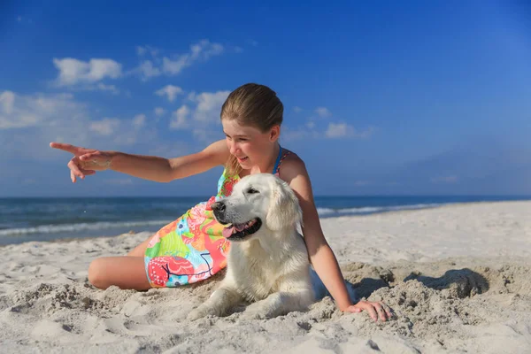 mutlu kız sahilde bir köpekle oynamayı