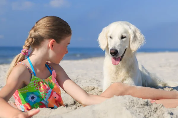 mutlu kız sahilde bir köpekle oynamayı