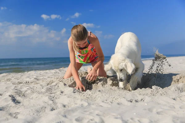 Ευτυχισμένος κορίτσι παίζει με ένα σκύλο στην παραλία — Φωτογραφία Αρχείου