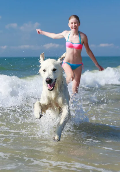 Heureuse fille jouer avec un chien sur la plage — Photo