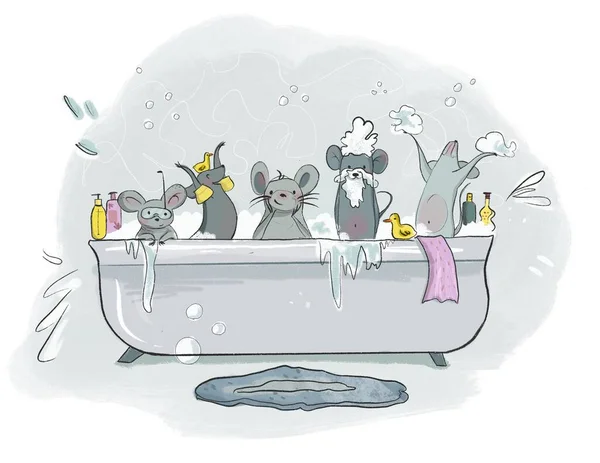 Cartoon cute mouses in different pose washing in the bath