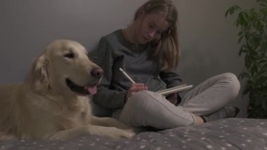 Güzel genç kız, dijital çizimler çizerek köpeğiyle yatakta rahatlıyor. İyi akşamlar. 4k Uhd Düzenlenmiş Ham görüntü