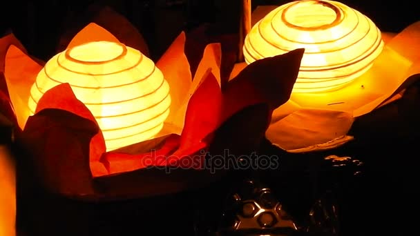 Paper Lanterns at Night on the Water — Stock Video