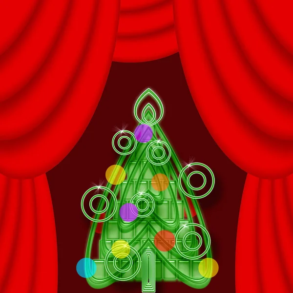 Leuchtend Bunter Weihnachtsbaum Auf Einer Theaterbühne Mit Roten Vorhängen — Stockfoto