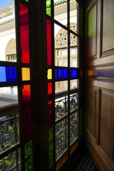 Colorful stained glass windows of a luxury hotel