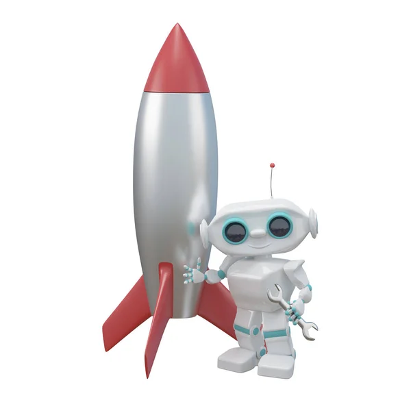 3D Illustration Little Robot Repairs a Rocket