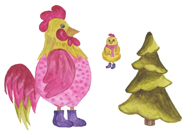 Coq, poulet et arbre peint à l'aquarelle sur fond blanc — Photo