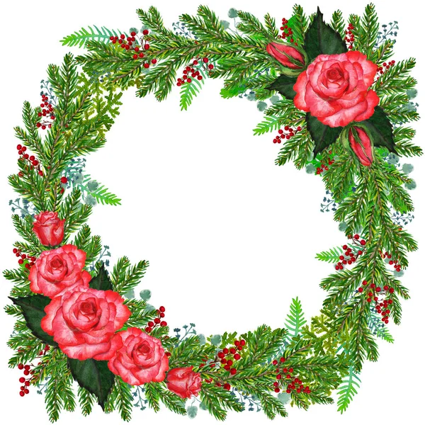 Christmas wreath with flowers, berries, fir. Watercolor Hand Drawn — Stock Photo, Image