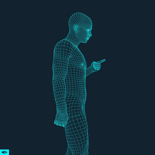 Hombre señalando su dedo. Modelo 3D del Hombre. Diseño geométrico . — Vector de stock