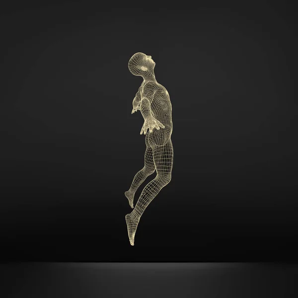 ジャンプ男のシルエット マン幾何学的なデザインの モデル 皮膚が多角形のカバー 人間の体のワイヤー モデル ベクトル図 — ストックベクタ