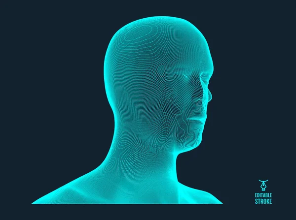 3D mänskligt ansikte som skapats i rutnät stil. Begreppet artificiell intelligens. Digital teknik bakgrund. Vektorillustration. — Stock vektor