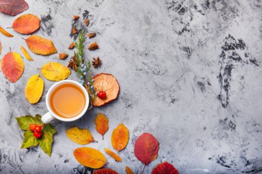 sonbahar kompozisyon fincan çay. sonbahar yaprakları koyu arka plan üzerine