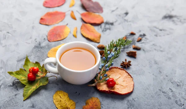 Herbst Komposition Tasse Tee. Herbstblätter auf dunklem Hintergrund — Stockfoto