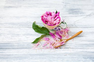 Çay Kupası rustik arka plan üzerinde pembe çiçekli yapılmış yaratıcı düzeni 