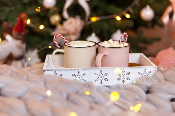 Christmas concept, hot coffee or cocoa candy canes and marshmallows — Stock Photo, Image