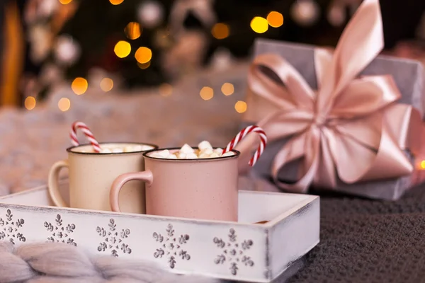 Christmas concept, hot coffee or cocoa candy canes and marshmallows — Stock Photo, Image