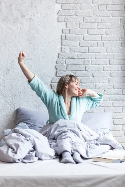 Tired Sleepy Woman Waking Yawning Stretch While Sitting Bed — Stock Photo, Image