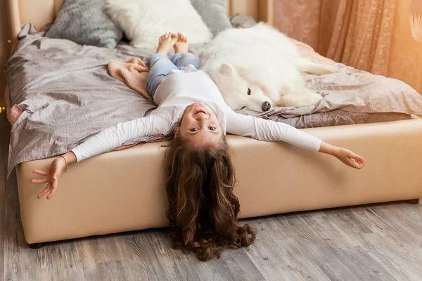 Sonriente Juguetona Linda Niña Abrazando Gran Blanco Esponjoso Perro Samoyed — Foto de Stock