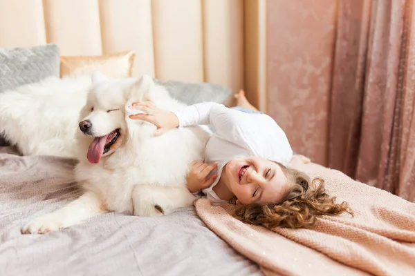 Sonriente Juguetona Linda Niña Abrazando Gran Blanco Esponjoso Perro Samoyed — Foto de Stock