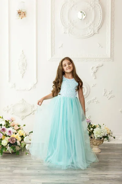 Little Beautiful Cute Girl Child Fashionable Festive Turquoise Dress Interior — Stock Photo, Image