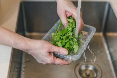 Kadın öğle yemeği hazırlıyor, ızgara ekmek sandviçi yapıyor ahşap kesim tahtasında bruschetta servis ediyor, yeşil salata, krem peynir, avokado - sağlıklı yiyecek.