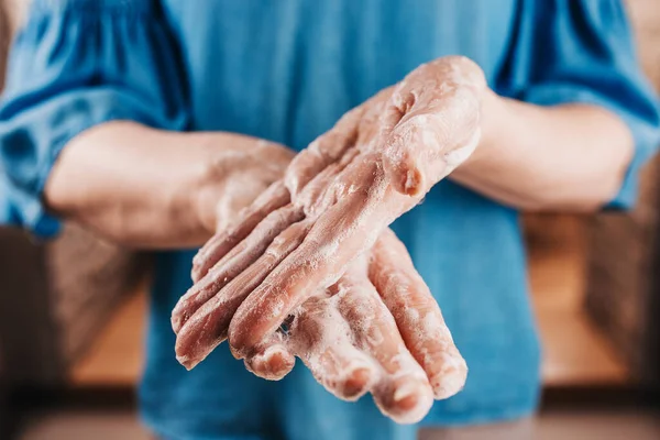 Close Caucasian Man Hand Thick Soapy Foam While Washing Hands — Stock Photo, Image