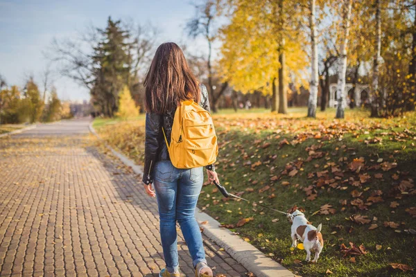 Rätten Att Lämna Huset Karantän Med Hunden Kaukasisk Kvinna Promenad — Stockfoto