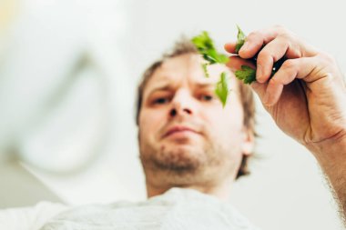 Beyaz erkek aşçı maydanozu bir tabağa serper - ekşi krema, biftek ve maydanozlu borch - alttaki görünüm