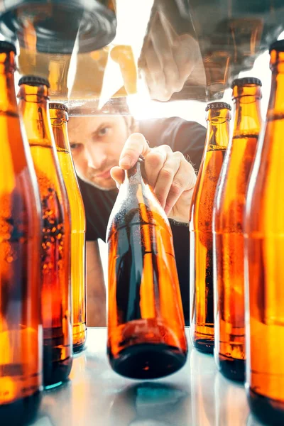 Caucasian Man Takes Cold Refreshing Beer Fridge Hot Sunny Sultry — Stock Photo, Image