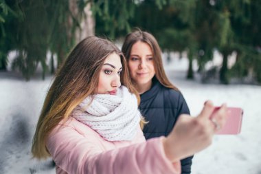 İki çekici kahverengi saçlı kadın pembe akıllı telefon kullanarak selfie çekiyor.