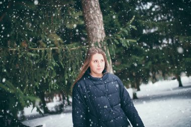 Kışın karlı bir ormanda, sıcak ceketli, kahverengi saçlı, genç ve çekici bir kadın. Kaybolmuştu ve yolunu bulamıyordu.