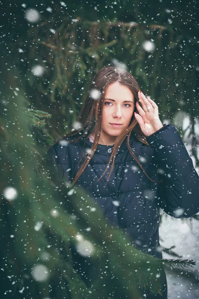 Retrato Invierno Bosque Joven Atractiva Mujer Cabello Castaño Sobre Fondo — Foto de Stock