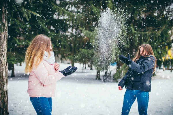 Einem Guten Wintertag Spielen Zwei Freunde Schneebälle Auf Einer Lichtung — Stockfoto
