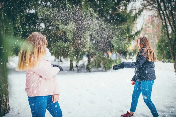 Einem Guten Wintertag Spielen Zwei Freunde Schneebälle Auf Einer Lichtung — Stockfoto